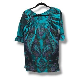 Paisley Floral Turquoise Blouse Top Rhinestone Ruffle‎ Sleeve Womens Medium